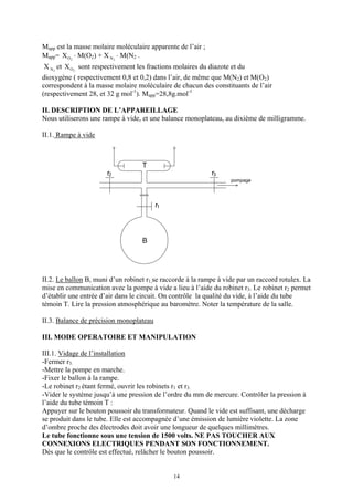 Mapp est la masse molaire moléculaire apparente de l’air ;
Mapp= X O2 ⋅ M(O2) + X N 2 ⋅ M(N2 .
X N 2 et X O 2 sont respectivement les fractions molaires du diazote et du
dioxygène ( respectivement 0,8 et 0,2) dans l’air, de même que M(N2) et M(O2)
correspondent à la masse molaire moléculaire de chacun des constituants de l’air
(respectivement 28, et 32 g mol-1). Mapp=28,8g.mol-1

II. DESCRIPTION DE L’APPAREILLAGE
Nous utiliserons une rampe à vide, et une balance monoplateau, au dixième de milligramme.

II.1. Rampe à vide



                                    T
                       r2                                    r3
                                                                    pompage




                                         r1



                                    B




II.2. Le ballon B, muni d’un robinet r1,se raccorde à la rampe à vide par un raccord rotulex. La
mise en communication avec la pompe à vide a lieu à l’aide du robinet r3. Le robinet r2 permet
d’établir une entrée d’air dans le circuit. On contrôle la qualité du vide, à l’aide du tube
témoin T. Lire la pression atmosphérique au baromètre. Noter la température de la salle.

II.3. Balance de précision monoplateau

III. MODE OPERATOIRE ET MANIPULATION

III.1. Vidage de l’installation
-Fermer r3.
-Mettre la pompe en marche.
-Fixer le ballon à la rampe.
-Le robinet r2 étant fermé, ouvrir les robinets r1 et r3.
-Vider le système jusqu’à une pression de l’ordre du mm de mercure. Contrôler la pression à
l’aide du tube témoin T :
Appuyer sur le bouton poussoir du transformateur. Quand le vide est suffisant, une décharge
se produit dans le tube. Elle est accompagnée d’une émission de lumière violette. La zone
d’ombre proche des électrodes doit avoir une longueur de quelques millimètres.
Le tube fonctionne sous une tension de 1500 volts. NE PAS TOUCHER AUX
CONNEXIONS ELECTRIQUES PENDANT SON FONCTIONNEMENT.
Dès que le contrôle est effectué, relâcher le bouton poussoir.


                                               14
 