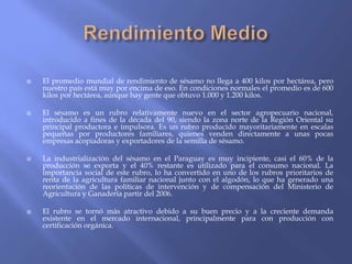    El promedio mundial de rendimiento de sésamo no llega a 400 kilos por hectárea, pero
    nuestro país está muy por encima de eso. En condiciones normales el promedio es de 600
    kilos por hectárea, aunque hay gente que obtuvo 1.000 y 1.200 kilos.

   El sésamo es un rubro relativamente nuevo en el sector agropecuario nacional,
    introducido a fines de la década del 90, siendo la zona norte de la Región Oriental su
    principal productora e impulsora. Es un rubro producido mayoritariamente en escalas
    pequeñas por productores familiares, quienes venden directamente a unas pocas
    empresas acopiadoras y exportadores de la semilla de sésamo.

   La industrialización del sésamo en el Paraguay es muy incipiente, casi el 60% de la
    producción se exporta y el 40% restante es utilizado para el consumo nacional. La
    importancia social de este rubro, lo ha convertido en uno de los rubros prioritarios de
    renta de la agricultura familiar nacional junto con el algodón, lo que ha generado una
    reorientación de las políticas de intervención y de compensación del Ministerio de
    Agricultura y Ganadería partir del 2006.

   El rubro se tornó más atractivo debido a su buen precio y a la creciente demanda
    existente en el mercado internacional, principalmente para con producción con
    certificación orgánica.
 