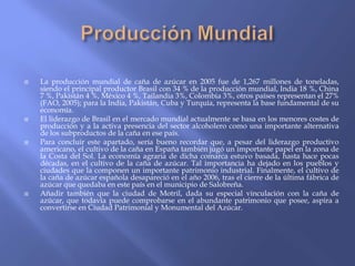    La producción mundial de caña de azúcar en 2005 fue de 1,267 millones de toneladas,
    siendo el principal productor Brasil con 34 % de la producción mundial, India 18 %, China
    7 %, Pakistán 4 %, México 4 %, Tailandia 3%, Colombia 3%, otros países representan el 27%
    (FAO, 2005); para la India, Pakistán, Cuba y Turquía, representa la base fundamental de su
    economía.
   El liderazgo de Brasil en el mercado mundial actualmente se basa en los menores costes de
    producción y a la activa presencia del sector alcoholero como una importante alternativa
    de los subproductos de la caña en ese país.
   Para concluir este apartado, sería bueno recordar que, a pesar del liderazgo productivo
    americano, el cultivo de la caña en España también jugó un importante papel en la zona de
    la Costa del Sol. La economía agraria de dicha comarca estuvo basada, hasta hace pocas
    décadas, en el cultivo de la caña de azúcar. Tal importancia ha dejado en los pueblos y
    ciudades que la componen un importante patrimonio industrial. Finalmente, el cultivo de
    la caña de azúcar española desapareció en el año 2006, tras el cierre de la última fábrica de
    azúcar que quedaba en este país en el municipio de Salobreña.
   Añadir también que la ciudad de Motril, dada su especial vinculación con la caña de
    azúcar, que todavía puede comprobarse en el abundante patrimonio que posee, aspira a
    convertirse en Ciudad Patrimonial y Monumental del Azúcar.
 