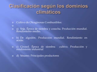    Cultivo de Oleaginosas Combustibles:

   a) Soja. Época de siembra y cosecha. Producción mundial.
    Rendimiento medio.

   b) De algodón. Producción mundial. Rendimiento en
    aceite.

   c) Girasol. Época de siembra         cultivo. Producción y
    rendimiento industrial

   d) Sésamo. Principales productores
 