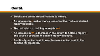 Contd.
• Stocks and bonds are alternatives to money.
• An increase in i makes money less attractive, reduces desired
money holdings.
• The real return to holding money is -πe
• An increase in πe is decrease in real return to holding money,
and cause a decrease in desired money balances.
• And finally, an increase in wealth causes an increase in the
demand for all assets.
 