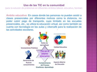 .
Ámbito educativo: En casos donde las personas no pueden asistir a
clases presenciales por diferentes motivos como la distancia, no
poder cubrir pago de transporte, cupo limitado en las escuelas
presenciales, etc., se utiliza la educación virtual, así como también se
cuenta con tecnología en las aulas y cibercafé para la realización de
las actividades escolares.
Uso de las TIC en tu comunidad
(para la solución de problemas en diferentes ámbitos laboral, educativo, familiar)
 