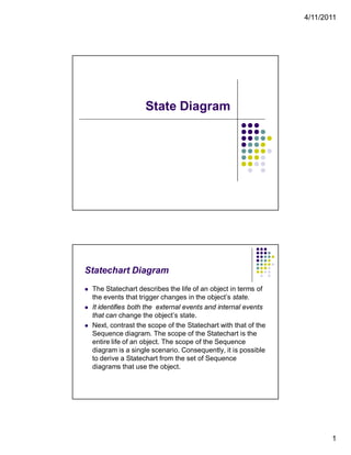4/11/2011




                      State Diagram




Statechart Diagram
   The Statechart describes the life of an object in terms of
    the events that trigger changes in the object’s state.
   It identifies both the external events and internal events
    that can change the object’s state.
   Next, contrast the scope of the Statechart with that of the
    Sequence diagram. The scope of the Statechart is the
    entire life of an object. The scope of the Sequence
    diagram is a single scenario. Consequently, it is possible
    to derive a Statechart from the set of Sequence
    diagrams that use the object.




                                                                         1
 