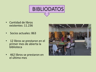 BIBLIODATOS

• Cantidad de libros
  existentes: 11.236

• Socios actuales: 863

• 12 libros se prestaron en el
  primer mes de abierta la
  biblioteca

• 462 libros se prestaron en
  el último mes
 
