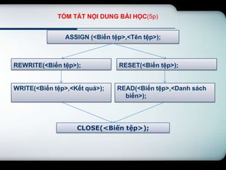 TÓM TẮT NỘI DUNG BÀI HỌC(5p)


               ASSIGN (<Biến tệp>,<Tên tệp>);



REWRITE(<Biến tệp>);           RESET(<Biến tệp>);


WRITE(<Biến tệp>,<Kết quả>);   READ(<Biến tệp>,<Danh sách
                                 biến>);




                   CLOSE(<Biến tệp>);
 