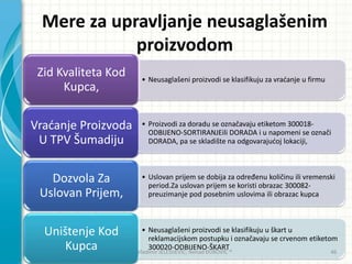 Mere za upravljanje neusaglašenim
proizvodom
• Neusaglašeni proizvodi se klasifikuju za vradanje u firmu
Zid Kvaliteta Kod
Kupca,
• Proizvodi za doradu se označavaju etiketom 300018-
ODBIJENO-SORTIRANJEili DORADA i u napomeni se označi
DORADA, pa se skladište na odgovarajudoj lokaciji,
Vradanje Proizvoda
U TPV Šumadiju
• Uslovan prijem se dobija za određenu količinu ili vremenski
period.Za uslovan prijem se koristi obrazac 300082-
preuzimanje pod posebnim uslovima ili obrazac kupca
Dozvola Za
Uslovan Prijem,
• Neusaglašeni proizvodi se klasifikuju u škart u
reklamacijskom postupku i označavaju se crvenom etiketom
300020-ODBIJENO-ŠKART
Uništenje Kod
Kupca Vladimir JELESIJEVIĆ; Nenad ĐUROVIĆ ® 46
 