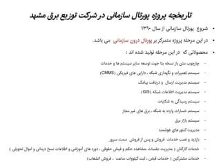 ‫مشهد‬ ‫برق‬ ‫توزیع‬ ‫شرکت‬‫در‬ ‫سازمانی‬ ‫پورتال‬ ‫پروژه‬ ‫تاریخچه‬‫مشهد‬ ‫برق‬ ‫توزیع‬ ‫شرکت‬‫در‬ ‫سازمانی‬ ‫پورتال‬ ‫پروژه‬ ‫تاریخچه‬
●‫سال‬ ‫از‬ ‫سازمانی‬ ‫پورتال‬ ‫شروع‬۱۳۹۰
●‫بر‬ ‫متمرکز‬ ‫پروژه‬ ‫مرحله‬ ‫این‬ ‫در‬‫سازمانی‬ ‫درون‬ ‫پورتال‬.‫باشد‬ ‫می‬
●: ‫اند‬ ‫شده‬ ‫تولید‬ ‫مرحله‬ ‫این‬ ‫در‬ ‫که‬ ‫محصولتی‬
–‫خدمات‬ ‫و‬ ‫ها‬ ‫سیستم‬ ‫سایر‬ ‫توسعه‬ ‫جهت‬ ‫بتا‬ ‫نسخه‬ ‫باز‬ ‫متن‬ ‫چارچوب‬
–) ‫فیزیکی‬ ‫های‬ ‫دارایی‬ ، ‫شبکه‬ ‫نگهداری‬ ‫و‬ ‫تعمیرات‬ ‫سیستم‬CMMS(
–‫پیامک‬ ‫دریافت‬ ‫و‬ ‫ارسال‬ ‫مدیریت‬ ‫سیستم‬
–) ‫شبکه‬ ‫اطلعات‬ ‫مدیریت‬ ‫سیستم‬GIS(
–‫شکایات‬ ‫به‬ ‫رسیدگی‬ ‫سیستم‬
–‫مجاز‬ ‫غیر‬ ‫های‬ ‫برق‬ ، ‫شبکه‬ ‫به‬ ‫وارده‬ ‫خسارات‬ ‫سیستم‬
–‫برق‬ ‫بازار‬ ‫سیستم‬
–‫هوشمند‬ ‫های‬ ‫کنتور‬ ‫مدیریت‬
–‫سرور‬ ‫سمت‬ ‫فروش‬ ‫از‬ ‫پس‬ ‫و‬ ‫فروش‬ ‫خدمات‬ ‫نصب‬ ‫و‬ ‫بازدید‬
–( ‫تحویلی‬ ‫اموال‬ ‫و‬ ‫درمانی‬ ‫نسخ‬ ‫اطلعات‬ ‫و‬ ‫آموزشی‬ ‫های‬ ‫دوره‬ ، ‫حقوقی‬ ‫فیش‬ ‫و‬ ‫حکم‬ ‫،مشاهده‬ ‫جلسات‬ ‫مدیریت‬ ) ‫کارکنان‬ ‫خدمات‬
–(‫انشعاب‬ ‫فروش‬ ، ‫ساعت‬ ‫کیلووات‬ ‫ثبت‬ ، ‫قبض‬ ‫خدمات‬ ) ‫مشترکین‬ ‫خدمات‬
 