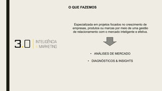 Especializada em projetos focados no crescimento de
empresas, produtos ou marcas por meio de uma gestão
de relacionamento com o mercado inteligente e efetiva.
• ANÁLISES DE MERCADO
• DIAGNÓSTICOS & INSIGHTS
O QUE FAZEMOS
 