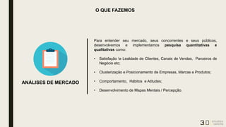 Para entender seu mercado, seus concorrentes e seus públicos,
desenvolvemos e implementamos pesquisa quantitativas e
qualitativas como:
• Satisfação e Lealdade de Clientes, Canais de Vendas, Parceiros de
Negócio etc;
• Clusterização e Posicionamento de Empresas, Marcas e Produtos;
• Comportamento, Hábitos e Atitudes;
• Desenvolvimento de Mapas Mentais / Percepção.
ANÁLISES DE MERCADO
O QUE FAZEMOS
 