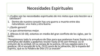 Necesidades Espirituales
• ¿Cuáles son las necesidades espirituales de mis nietos que esta lección va a
satisfacer?
1. Dentro de nuestro corazón hay una guerra a muerte entre dos
naturalezas: una mala y otra buena.
• ¿Quién ganará?
• La que alimentemos mejor.
2. (Efesios 6:10-18), estamos en medio del gran conflicto de los siglos, por lo
tanto:
“Pongámonos toda la armadura de Dios para que podamos hacer frente a las
artimañas del diablo y podamos resistir hasta el fin con firmeza: (1) El
cinturón de la verdad, (2) La coraza de la justicia, (3) Los zapatos para ir a
predicar, (4) el escudo de la fe, (5) El casco de la salvación, (6) la espada del
Espíritu, que es la Palabra de Dios (7) La oración”
 