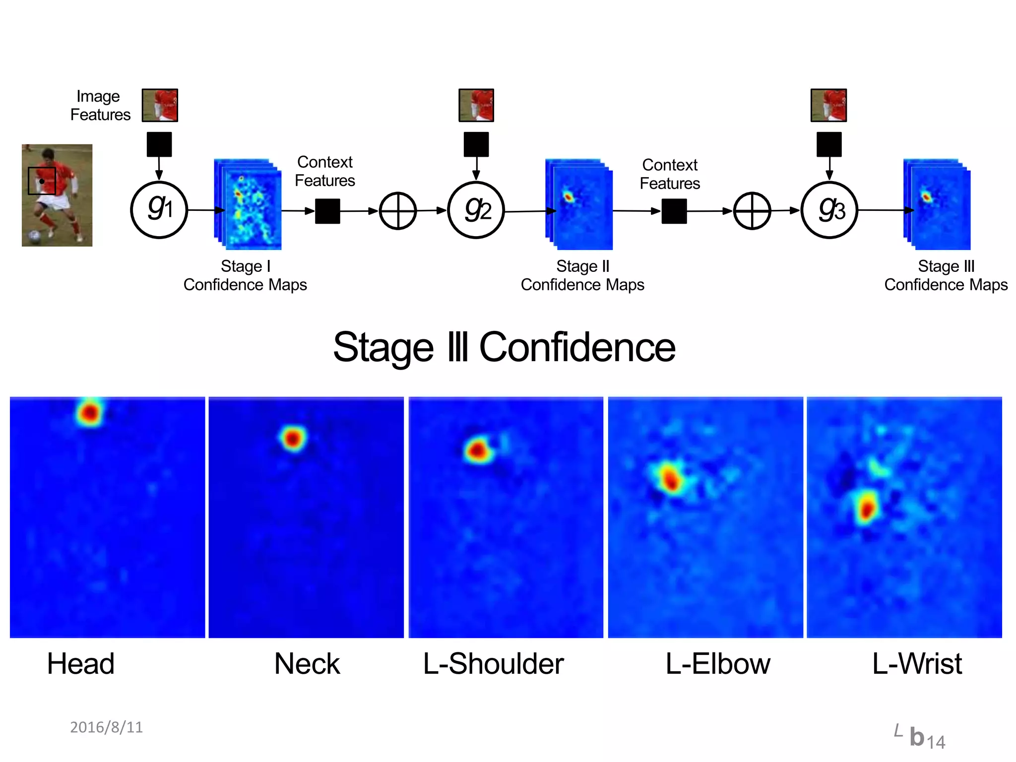 g2g1 g3
Context
Features
Context
Features
Stage I
Confidence Maps
Stage II
Confidence Maps
Stage III
Confidence Maps
Image
Features
Stage III Confidence
Head Neck L-Shoulder L-Elbow L-Wrist
2016/8/11 L b14
 