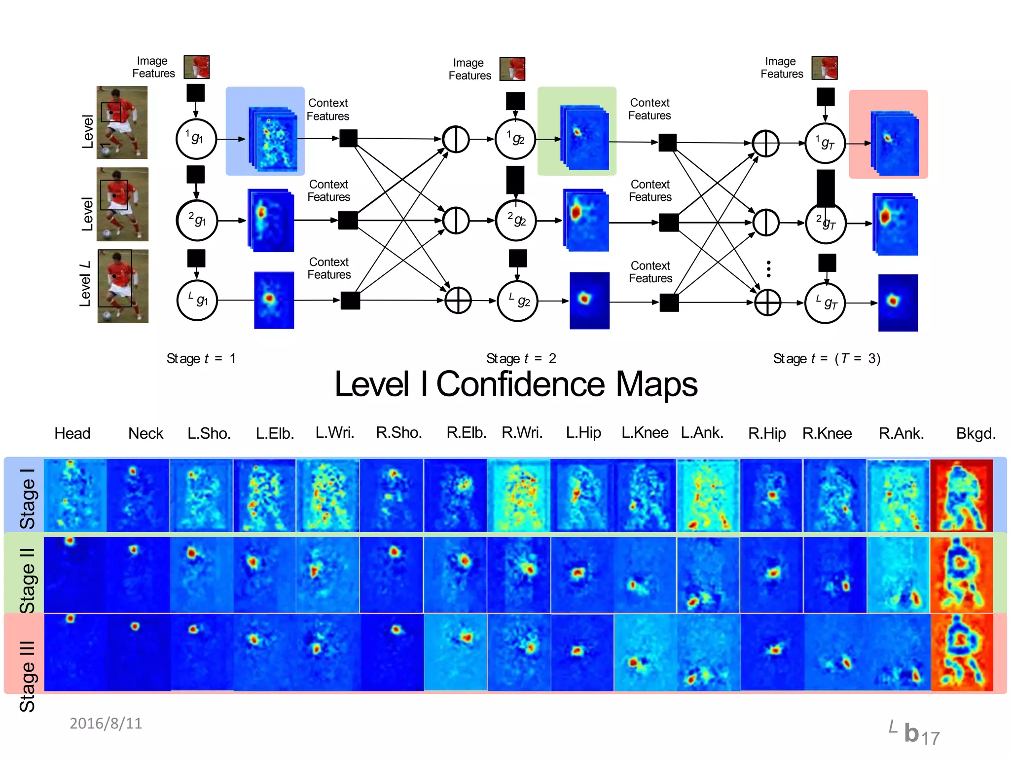 1g2
1g1
Level
1
1
gT
Image
Features
Image
Features
Image
Features
Context
Features
Context
Features
Level
2
2g1
L g1
L g2
2g2
Stage t = 1 Stage t = 2
Level I Confidence Maps
L.Wri. R.Sho. R.Elb. R.Wri. L.Hip L.Knee L.Ank.
L gT
2gT
Stage t = (T = 3)
Context
Features
Context
Features
Context
Features
Context
Features
LevelL
Head Neck L.Sho. L.Elb. R.Hip R.Knee R.Ank. Bkgd.
StageIStageIIStageIII
2016/8/11 L b17
 