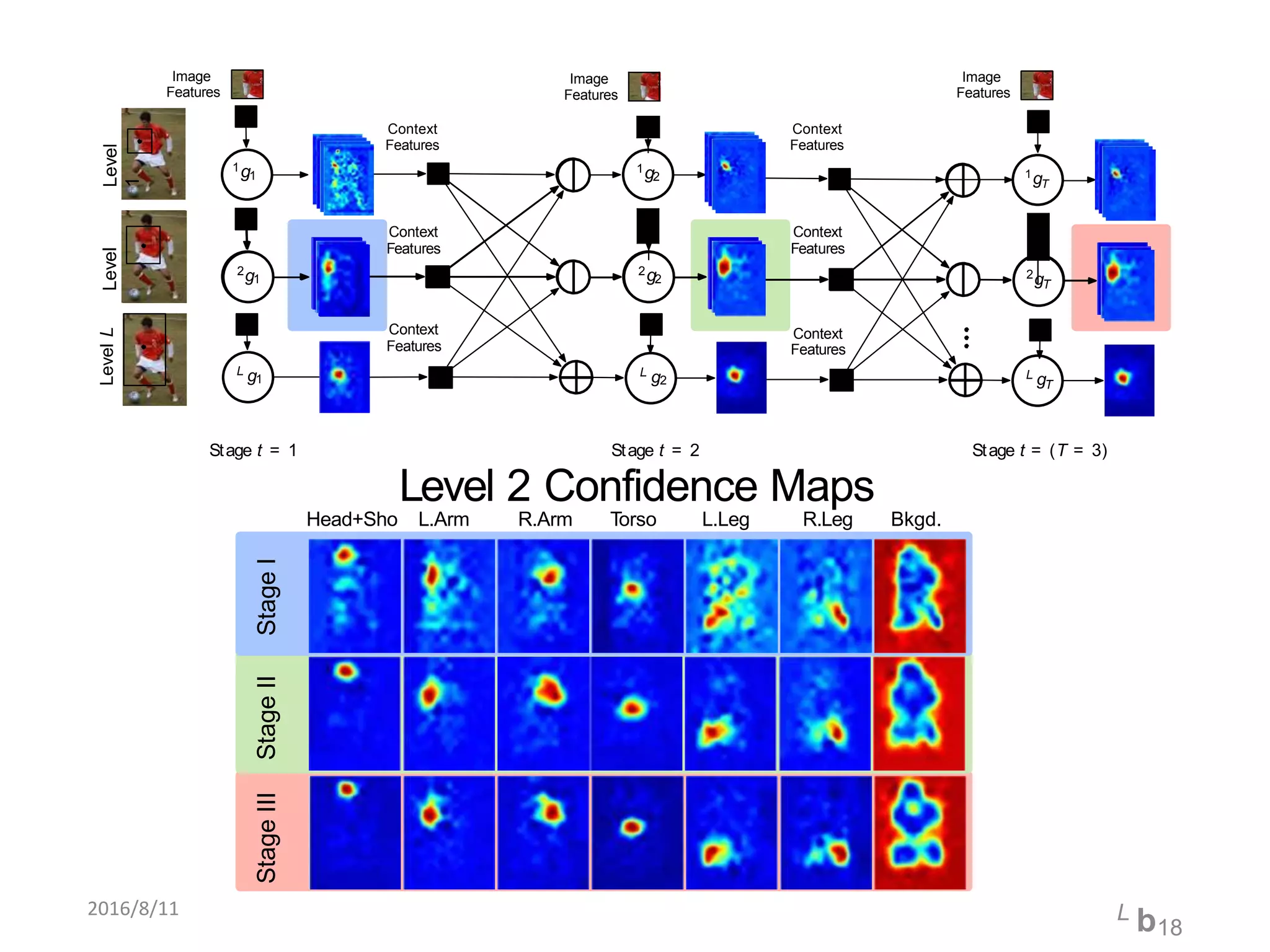 Stage t = 2
Level 2 Confidence Maps
StageIStageIIStageIII
Head+Sho L.Arm R.Arm Torso L.Leg Bkgd.R.Leg
1g2
1g1
Level
1
1
gT
Image
Features
Image
Features
Image
Features
Context
Features
Context
Features
Level
2
2g1
L g1
L g2
2g2
Stage t = 1
L gT
2gT
Stage t = (T = 3)
Context
Features
Context
Features
Context
Features
Context
Features
LevelL
2016/8/11 L b18
 