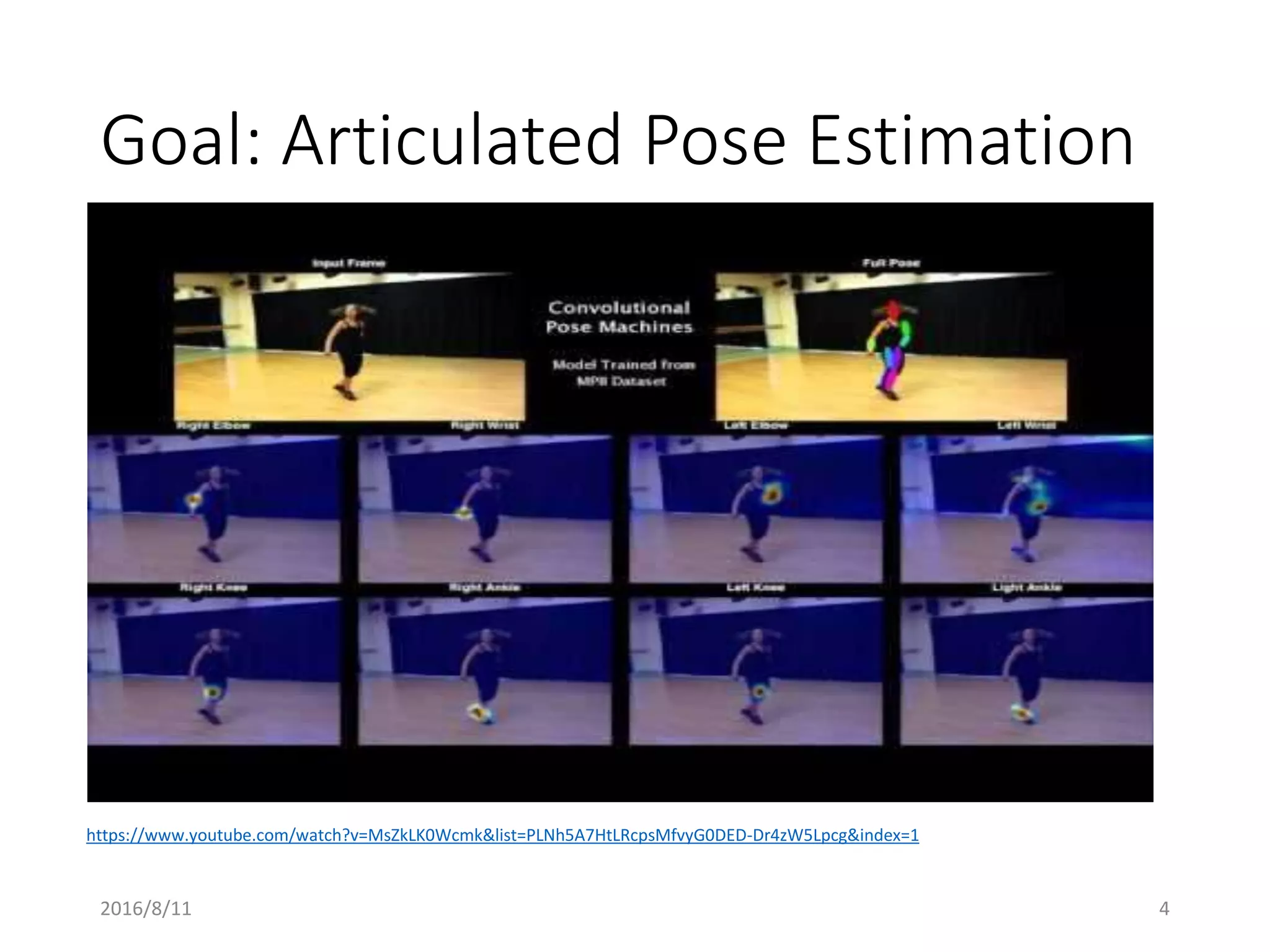 Goal: Articulated Pose Estimation
https://www.youtube.com/watch?v=MsZkLK0Wcmk&list=PLNh5A7HtLRcpsMfvyG0DED-Dr4zW5Lpcg&index=1
2016/8/11 4
 