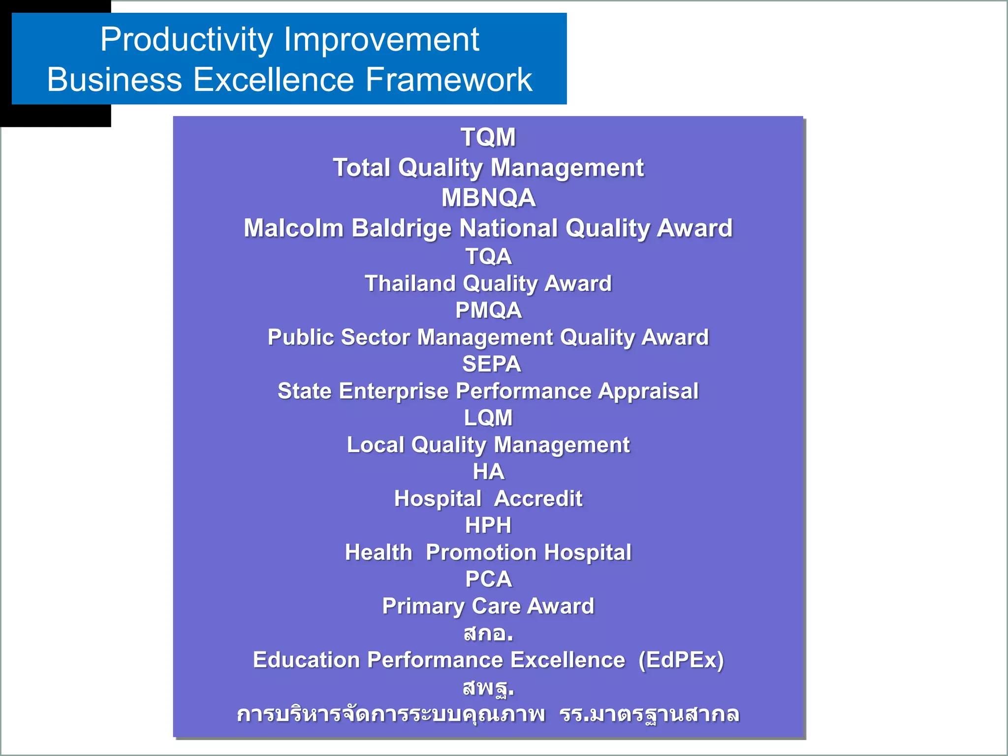 TQM
Total Quality Management
MBNQA
Malcolm Baldrige National Quality Award
TQA
Thailand Quality Award
PMQA
Public Sector Management Quality Award
SEPA
State Enterprise Performance Appraisal
LQM
Local Quality Management
HA
Hospital Accredit
HPH
Health Promotion Hospital
PCA
Primary Care Award
สกอ.
Education Performance Excellence (EdPEx)
สพฐ.
การบริหารจัดการระบบคุณภาพ รร.มาตรฐานสากล
Productivity Improvement
Business Excellence Framework
 