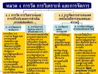 4.1  การวัด  การ วิเคราะห ์และการปรับปรุง ผลการดำเนินการของ องค์กร 4.2  การจัดการสารสนเทศ  เทคโนโลยีสารสนเทศ แล ะ ความรู้ ก .  การจัดการแหล่ง  สารสนเทศ ก .  การวัดผลการดำเนินการ ข .  การวิเคราะห์ ทบทวน และการปรับปรุงผล การดำเนินการ ข .  การจัดการข้อมูล สารสนเทศและความรู้ การเลือก การรวบรวม ข้อมูล และสารสนเทศที่สอดคล้อง และบูรณาการ เพื่อติดตามการปฏิบัติการประจำวัน ผลดำเนินการ การใช้ข้อมูลเพื่อการตัดสินใจและนวัตกรรม การเลือกข้อมูล สารสนเทศเชิงเปรียบ เทียบอย่างมีประสิทธิผล การทำให้ระบบวัดผลทันต่อความต้องการและทิศทางการทางธุรกิจ และไวต่อการเปลี่ยนแปลงที่รวดเร็วและไม่คาดคิด การทบทวนผลดำเนินการและความสามารถ การวิเคราะห์ การเปรียบเทียบ กับคู่แข่ง กับเป้าหมายเชิงกลยุทธ์และแผนปฏิบัติการ ความสามารถในการตอบสนองอย่างรวดเร็ว การจัดลำดับความสำคัญเพื่อปรับปรุงและสร้างนวัตกรรม การนำไปปฏิบัติทั้งองค์กร และผู้เกี่ยวข้อง การนำผลการทบทวนไปใช้ในการประเมินและปรับ ปรุงกระบวนการที่สำคัญอย่างเป็นระบบ การทำให้ข้อมูลและ  สารสนเทศพร้อมใช้งานและผู้เกี่ยวข้องเข้าถึงได้  ฮาร์ดแวร์และซอฟท์ แวร์เชื่อถือได้ ปลอดภัย ใช้งานง่าย ความพร้อมใช้งานในภาวะฉุกเฉินของระบบสารสนเทศ การรักษาระบบสารสนเทศให้ทันกับความต้องการและทิศทางธุรกิจ และเทคโนยี การทำให้มั่นใจว่า ข้อมูลและสารสนเทศและความรู้แม่นยำถูกต้อง เชื่อถือได้ ทันกาล ปลอดภัย และเป็นความลับ การจัดการความรู้องค์กรเพื่อให้สามารถรวบรวมและถ่ายทอดความรู้ของบุคลากร ลูกค้า ผู้ส่งมอบ คู่ค้าและคู่ความร่วมมือ รวมทั้งการชี้บ่ง แบ่งปันและนำ  Best practices  ไปปฏิบัติ การใช้ความรู้ในกระบวน การวางแผนเชิงกลยุทธ์ หมวด  4  การวัด การวิเคราะห์ และการจัดการความรู้ 