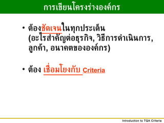 การเขียนโครงร่างองค์กร ต้อง ชัดเจน ในทุกประเด็น ( อะไรสำคัญต่อธุรกิจ ,  วิธีการดำเนินการ ,  ลูกค้า ,  อนาคตขององค์กร ) ต้อง  เชื่อมโยงกับ  Criteria   