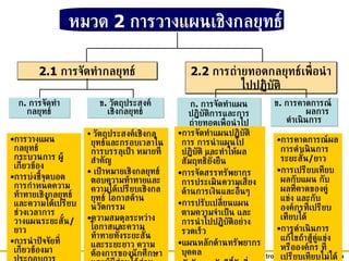 ก .  การจัดทำกลยุทธ์ 2.1  การจัดทำกลยุทธ์ 2.2  การ ถ่ายทอด กลยุทธ์ เพื่อนำ ไปปฏิบัติ ข .  วัตถุประสงค์เชิงกลยุทธ์ ก .  การจัดทำแผนปฏิบัติการและการถ่ายทอดเพื่อนำไปปฏิบัติ ข .  การคาดการณ์  ผลการดำเนินการ การวางแผนกลยุทธ์กระบวนการ ผู้เกี่ยวข้อง การบ่งชึ้จุดบอด การกำหนดความท้าทายเชิงกลยุทธ์และความได้เปรียบ ช่วงเวลาการวางแผนระยะสั้น / ยาว การนำปัจจัยที่เกี่ยวข้องมาประกอบการวางแผน และการวิเคราะห์ วัตถุประสงค์เชิงกลยุทธ์และกรอบเวลาในการบรรลุเป้า หมายที่สำคัญ เป้าหมายเชิงกลยุทธ์ตอบความท้าทายและความได้เปรียบเชิงกลยุทธ์ โอกาสด้านนวัตกรรม ความสมดุลระหว่างโอกาสและความท้าทายทั้งระยะสั้นและระยะยาว ความต้องการของนักศึกษาและผู้มีส่วนได้ส่วนเสียที่สำคัญ การจัดทำแผนปฏิบัติการ การนำแผนไปปฏิบัติ และทำให้ผล สัมฤทธิ์ยั่งยืน  การจัดสรรทรัพยากร การประเมินความเสี่ยงด้านการเงินและอื่นๆ การปรับเปลี่ยนแผนตามความจำเป็น และการนำไปปฏิบัติอย่างรวดเร็ว แผนหลักด้านทรัพยากรบุคคล ตัววัดและดัชนีชี้วัดที่สำคัญที่เสริมสร้างความสอดคล้อง การคาดการณ์ผลการดำเนินการระยะสั้น / ยาว การเปรียบเทียบผลกับแผน กับผลที่คาดของคู่แข่ง และกับองค์กรที่เปรียบเทียบได้  การดำเนินการแก้ไขถ้าสู้คู่แข่งหรือองค์กร ที่เปรียบเทียบไม่ได้  หมวด  2  การวางแผนเชิงกลยุทธ์ 
