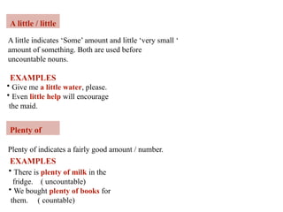 A little / little
A little indicates ‘Some’ amount and little ‘very small ‘
amount of something. Both are used before
uncountable nouns.
EXAMPLES
• Give me a little water, please.
• Even little help will encourage
the maid.
Plenty of
Plenty of indicates a fairly good amount / number.
EXAMPLES
• There is plenty of milk in the
fridge. ( uncountable)
• We bought plenty of books for
them. ( countable)
 