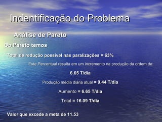 Indentificação do Problema
   Análise de Pareto
Do Pareto temos
Total de redução possível nas paralizações = 63%
         Este Percentual resulta em um incremento na produção da ordem de:

                              6.65 T/dia

                Produção média diária atual = 9.44 T/dia

                        Aumento = 6.65 T/dia

                          Total = 16.09 T/dia


Valor que excede a meta de 11.53
 