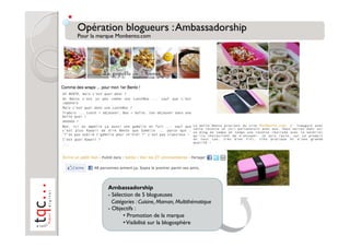 Ambassadorship
- Sélection de 5 blogueuses
  Catégories : Cuisine, Maman, Multithématique
- Objectifs :
       •  Promotion de la marque
       • Visibilité sur la blogosphère
 