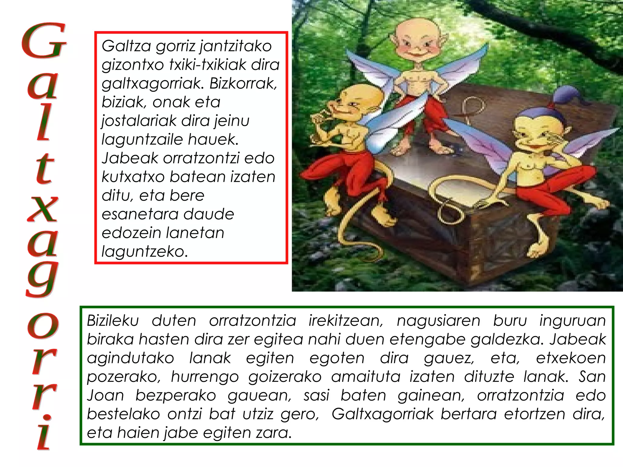 Bizileku duten orratzontzia irekitzean, nagusiaren buru inguruan
biraka hasten dira zer egitea nahi duen etengabe galdezka. Jabeak
agindutako lanak egiten egoten dira gauez, eta, etxekoen
pozerako, hurrengo goizerako amaituta izaten dituzte lanak. San
Joan bezperako gauean, sasi baten gainean, orratzontzia edo
bestelako ontzi bat utziz gero,  Galtxagorriak bertara etortzen dira,
eta haien jabe egiten zara. 
Galtza gorriz jantzitako
gizontxo txiki-txikiak dira
galtxagorriak. Bizkorrak,
biziak, onak eta
jostalariak dira jeinu
laguntzaile hauek. 
Jabeak orratzontzi edo
kutxatxo batean izaten
ditu, eta bere
esanetara daude
edozein lanetan
laguntzeko.
 
