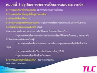 มคอ. 5
รายงานผลการดาเนินการของรายวิชา
หมวดที่ 3 สรุปผลการจัดการเรียนการสอนของรายวิชา
3.1 จานวนนักศึกษาที่ลงทะเบียนเรียน (ณ วันหมดกาหนดการเพิ่มถอน)
3.2 จานวนนักศึกษาที่คงอยู่เมื่อสิ้นสุดภาคการศึกษา
3.3 จานวนนักศึกษาที่ถอน (W)
3.4 การกระจายของระดับคะแนน (เกรด) : ระบุจานวนและร้อยละของนักศึกษาในแต่ละระดับคะแนน
3.5 ปัจจัยที่ทาให้ระดับคะแนนผิดปกติ (ถ้ามี)
3.6 ความคลาดเคลื่อนจากแผนการประเมินที่กาหนดไว้ในรายละเอียดรายวิชา
ระบุความคลาดเคลื่อนจากแผนการประเมินผลการเรียนรู้ที่กาหนดไว้ใน มคอ. 3 หมวด 5 ข้อ
5.2 (แผนการประเมินผลการเรียนรู้)
1) ความคลาดเคลื่อนด้านกาหนดเวลาการประเมิน : ระบุความคลาดเคลื่อนที่เกิดขึ้นพร้อม
เหตุผล
2) ความคลาดเคลื่อนด้านวิธีการประเมินผลการเรียนรู้ (ถ้ามี)
ระบุความคลาดเคลื่อนที่เกิดขึ้นพร้อมเหตุผล
3.7 การทวนสอบสัมฤทธิ์ของนักศึกษา : ระบุวิธีการทวนสอบ
และสรุปผลการทวนสอบ
 