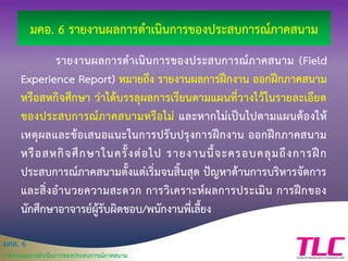 มคอ. 6
รายงานผลการดาเนินการของประสบการณ์ภาคสนาม
มคอ. 6 รายงานผลการดาเนินการของประสบการณ์ภาคสนาม
รายงานผลการดาเนินการของประสบการณ์ภาคสนาม (Field
Experience Report) หมายถึง รายงานผลการฝึกงาน ออกฝึกภาคสนาม
หรือสหกิจศึกษา ว่าได้บรรลุผลการเรียนตามแผนที่วางไว้ในรายละเอียด
ของประสบการณ์ภาคสนามหรือไม่ และหากไม่เป็นไปตามแผนต้องให้
เหตุผลและข้อเสนอแนะในการปรับปรุงการฝึกงาน ออกฝึกภาคสนาม
หรือสหกิจศึกษาในครั้งต่อไป รายงานนี้จะครอบคลุมถึงการฝึก
ประสบการณ์ภาคสนามตั้งแต่เริ่มจนสิ้นสุด ปัญหาด้านการบริหารจัดการ
และสิ่งอานวยความสะดวก การวิเคราะห์ผลการประเมิน การฝึกของ
นักศึกษาอาจารย์ผู้รับผิดชอบ/พนักงานพี่เลี้ยง
 