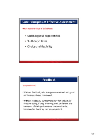 Core Principles of Effective Assessment 
What students value in assessment


  • Unambiguous expectations
  • ‘Authentic’ tasks 
  • Choice and flexibility  




                      Feedback
Why Feedback?


•Without feedback, mistakes go uncorrected  and good 
 performance is not reinforced.

•Without feedback, our learners may not know how 
 they are doing, if they are doing well, or if there are 
 elements of their performance that need to be 
  l     t f th i       f         th t      dt b
 improved so that they can be competent.  




                                                            12
 