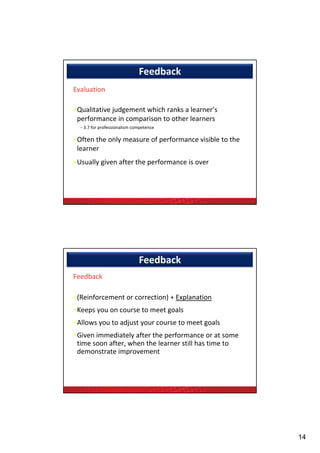 Feedback
Evaluation

•Qualitative judgement which ranks a learner’s 
 Q lit ti j d        t hi h     k l         ’
 performance in comparison to other learners
  – 3.7 for professionalism competence

•Often the only measure of performance visible to the 
 learner
•Usually given after the performance is over 




                              Feedback
Feedback

•(Reinforcement or correction) + Explanation
•(Reinforcement or correction) + Explanation
•Keeps you on course to meet goals
•Allows you to adjust your course to meet goals
•Given immediately after the performance or at some 
 time soon after, when the learner still has time to 
 time soon after, when the learner still has time to
 demonstrate improvement




                                                         14
 