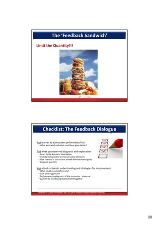 The ‘Feedback Sandwich’
 Limit the Quantity!!!




       Checklist: The Feedback Dialogue

Ask learner to assess own performance first
   What went well and what could have gone better?

Tell what you observed:diagnosis and explanation
   React to the learner’s observation
   Include both positive and constructive elements
   Give reasons in the context of well‐defined shared goals
   Regulate quantity

Ask about recipients understanding and strategies for improvement
   What could you do differently?
   What could you do differently?
   Give own suggestions
   Perhaps even replay parts of the encounter ‐ show me
   Commit to monitoring improvement together




  Adaptation of “The New Feedback Sandwich,’ common in patient-physician communication literature;
  adapted by Lyuba Konopasek, MD, for use in medical resident feedback settings.




                                                                                                     20
 