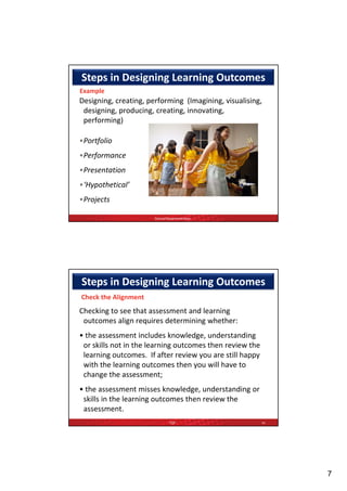 Steps in Designing Learning Outcomes
Example 
Designing, creating, performing  (Imagining, visualising, 
 designing, producing, creating, innovating, 
 performing)  

•Portfolio  
•Performance  
•Presentation  
•Presentation
•‘Hypothetical’  
•Projects 

                       School/Department/Area




Steps in Designing Learning Outcomes
Check the Alignment
Checking to see that assessment and learning 
 outcomes align requires determining whether:  
 outcomes align requires determining whether:
• the assessment includes knowledge, understanding 
 or skills not in the learning outcomes then review the 
 learning outcomes.  If after review you are still happy 
 with the learning outcomes then you will have to 
 change the assessment; 
 change the assessment;
• the assessment misses knowledge, understanding or 
 skills in the learning outcomes then review the 
 assessment.
                               TQF                       14




                                                              7
 