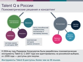 Talent Q в России
Психометрические решения и консалтинг


        Психометриче-
        ские решения             Elements
                                                                   Консультации          Центры
                                                                                         оценки
                                            тесты способностей
                                            к вербальному,
                                            логическому и
                        Dimensions          числовому анализу
                                                                                   Модели
     MultiView
                                                                                  компетен
                                                                 Тренинги           ций
                                     комплексная                  для HR
                                     методика
   система оценки
                                     оценки личности
   по методике 360º


К 2004-му году Роджером Холдсуортом были разработаны психометрические
инструменты Talent Q. С 2007 года они адаптировались на российской выборке,
а с 2009 года — доступны для покупки.
Инструменты Talent Q доступны более чем на 30 языках.
 