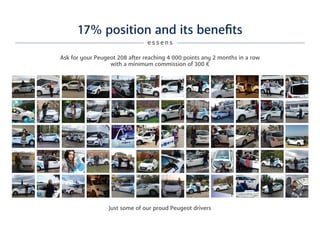 17% position and its benefits
e s s e n s
Ask for your Peugeot 208 after reaching 4 000 points any 2 months in a row
with a minimum commission of 300 €
Just some of our proud Peugeot drivers
 
