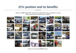 25% position and its benefits
e s s e n s
Ask for a BMW 320d after reaching 10 000 points any 2 months in a row
with a minimum commission of 1 000 €
Some of our proud BMW drivers
 