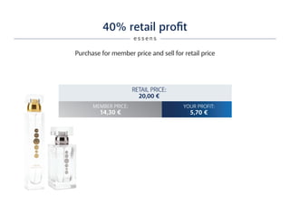 40% retail profit
Purchase for member price and sell for retail price
MEMBER PRICE:
14,30 €
e s s e n s
YOUR PROFIT:
5,70 €
RETAIL PRICE:
20,00 €
 