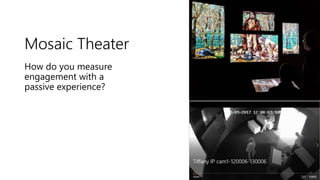 Mosaic Theater: Passive Engagement
30%
13%
18%
17%
22%
Mosaic Theater: Visitor Time Spent
less than 1 minute
1-2 minutes
2...
