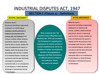 INDUSTRIAL DISPUTES ACT, 1947
SECTION 2 (Clause s) - Definitions
Workman means –
Any person (including an apprentice)
employed in an industry by an
employer or by the contractor in
relation to the execution of his
contract with such employer to do
manual, unskilled, skilled, technical,
operational, clerical or supervisory
work for hire or reward, whether the
terms of employment be express or
implied, and for the purposes of any
proceeding under this Act in relation
to an industrial dispute, includes any
such person who has been dismissed,
discharged or retrenched in
connection with, or as a consequence
of, that dispute, or whose dismissal,
dischasrge or retrenchment has led
to that dispute,
Workman means –
Any person (including an apprentice)
employed in an industry by an
employer or by the contractor in
relation to the execution of his
contract with such employer to do
manual, unskilled, skilled, technical,
operational, clerical or supervisory
work for hire or reward, whether the
terms of employment be express or
implied, and for the purposes of any
proceeding under this Act in relation
to an industrial dispute, includes any
such person who has been dismissed,
discharged or retrenched in
connection with, or as a consequence
of, that dispute, or whose dismissal,
dischasrge or retrenchment has led
to that dispute,
BEFORE AMENDMENT
Workman means –
Any person (including an apprentice)
employed in an industry to do
manual, unskilled, skilled, technical,
operational, clerical or supervisory
work for hire or reward, whether the
terms of employment be express or
implied, and for the purposes of any
proceeding under this Act in relation
to an industrial dispute, includes any
such person who has been dismissed,
discharged or retrenched in
connection with, or as a consequence
of, that dispute, or whose dismissal,
dischasrge or retrenchment has led
to that dispute,
Workman means –
Any person (including an apprentice)
employed in an industry to do
manual, unskilled, skilled, technical,
operational, clerical or supervisory
work for hire or reward, whether the
terms of employment be express or
implied, and for the purposes of any
proceeding under this Act in relation
to an industrial dispute, includes any
such person who has been dismissed,
discharged or retrenched in
connection with, or as a consequence
of, that dispute, or whose dismissal,
dischasrge or retrenchment has led
to that dispute,
AFTER AMENDMENT
Since a separate Act, The
Contract Labour (Regulation and
Abolition) Act, 1970 was enacted by
the Parliament for regulating the
employment of contract workers in
Certain establishments and for its
abolition of certain circumstances,
therefore, the expression in
clause (s) vide State Amendment
of 1958 has become irrelevant
and ineffective. Hence,
this need to be deleted.
 