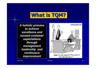 What is TQM?
   A holistic process
       to achieve
    excellence and
   exceed customer
      expectations
        through
      management
    leadership and
       continuous
     improvement
10/7/2010               Yuvarajah   26
 