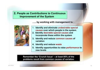 2. People as Contributions to Continuous
                Improvement of the System

                           ….. by working with management to :

                            1. Identify and eliminate undesirable special
                               causes over which people in the system
                            2. Identify desirable special causes and
                               incorporate these within the system
                            3. Identify and reduce common causes of
                               variation
                            4. Identify and reduce waste
                            5. Identify opportunities to raise performance to
                               new levels


                   Remember the ‘Crunch Issue’ – at least 85% of the
                   problems result from common causes of variation

10/7/2010                                 Yuvarajah                             55
 