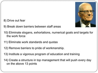 1-TQM elements approach: Take key business process and use TQM Tools to foster improvement. Use quality circles, statistical process control, taguchi method, and quality function deployment.TQM  Tools (Histograms, Fish Bone, Flow Charts, Affinity Diagrams, Matrix Diagrams, Activity Network Diagram etc)Quality Circles: Small group of employees doing same type of work meet regularly to identify, analyze and sole the problems faced by them in their day to day work and their association with the organisation.