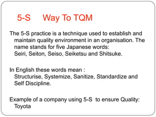 2 - The guru approach: Use the guides of one of the leading quality thinkers like Joseph Juran, W Edwards Deming, and Armand Feigenbum, Kaoru Ishikawa, Genichi Taguchi, and Shigeo Shingo.3- Organization model approach: The organization use benchmarking or MBNQA (Malcolm Baldrige National Quality Award)as model for excellence.4- Japanese total quality approach: Companies pursue the Deming principles