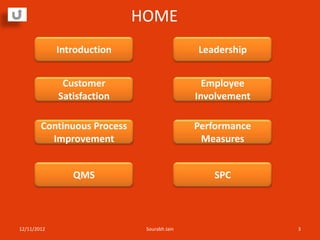 HOME
             Introduction                    Leadership


              Customer                         Employee
             Satisfaction                    Involvement

        Continuous Process                   Performance
          Improvement                         Measures


                QMS                             SPC



12/11/2012                    Sourabh Jain                 3
 