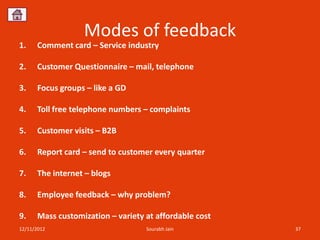 Modes of feedback
1.    Comment card – Service industry

2.    Customer Questionnaire – mail, telephone

3.    Focus groups – like a GD

4.    Toll free telephone numbers – complaints

5.    Customer visits – B2B

6.    Report card – send to customer every quarter

7.    The internet – blogs

8.    Employee feedback – why problem?

9.    Mass customization – variety at affordable cost
12/11/2012                         Sourabh Jain         37
 