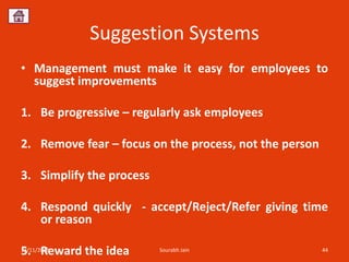 Suggestion Systems
• Management must make it easy for employees to
  suggest improvements

1. Be progressive – regularly ask employees

2. Remove fear – focus on the process, not the person

3. Simplify the process

4. Respond quickly - accept/Reject/Refer giving time
   or reason

5. Reward the idea
12/11/2012                Sourabh Jain                  44
 