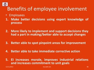 Benefits of employee involvement
• Employees
1. Make better decisions using expert knowledge of
   process

2. More likely to implement and support decisions they
   had a part in making/better able to accept changes

3. Better able to spot pinpoint areas for improvement

4. Better able to take immediate corrective action

5. EI increases morale, improves industrial relations
   and increases commitment to unit goals
12/11/2012               Sourabh Jain                   48
 