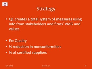 Strategy
• QC creates a total system of measures using
  info from stakeholders and firms’ VMG and
  values

• Ex: Quality
• % reduction in nonconformities
• % of certified suppliers


12/11/2012           Sourabh Jain               65
 