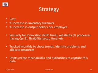Strategy
• Cost
• % increase in inventory turnover
• % increase in output dollars per employee

• Similarly for innovation (NPD time), reliability (% processes
  having Cp=2), flexibility(setup time) etc.

• Tracked monthly to show trends, identify problems and
  allocate resources

• Depts create mechanisms and authorities to capture this
  data

12/11/2012                  Sourabh Jain                      66
 