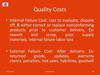 Quality Costs
• Internal Failure Cost: cost to evaluate, dispose
  off, & either correct or replace nonconforming
  products prior to customer delivery. Ex:
  rework       and      scrap,     poor     supply
  materials, internal failure labor loss

• External Failure Cost: After delivery. Ex:
  returned     goods,        updates,        warranty
  claims, penalties, lost sales, liabilities, goodwill

12/11/2012              Sourabh Jain                70
 