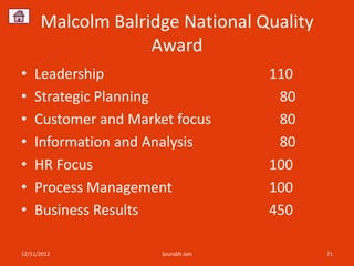 Malcolm Balridge National Quality
                   Award
•   Leadership                       110
•   Strategic Planning                80
•   Customer and Market focus         80
•   Information and Analysis          80
•   HR Focus                         100
•   Process Management               100
•   Business Results                 450

12/11/2012            Sourabh Jain         71
 